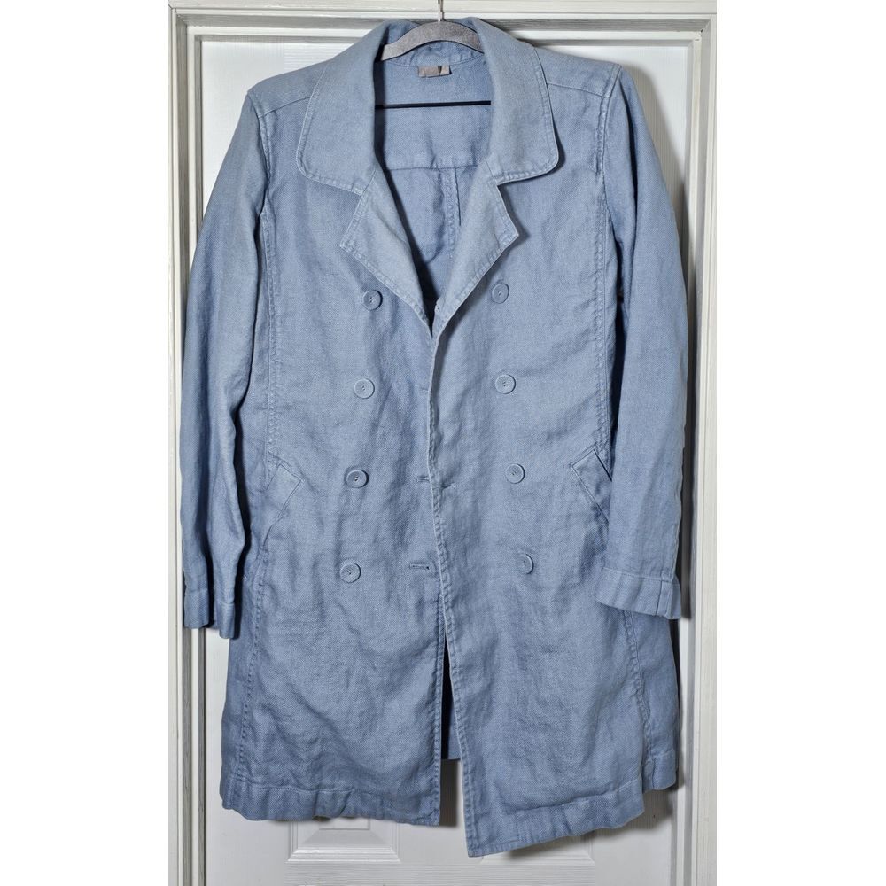 J. Jill Linen & Cotton Double Breasted Long Jacket Trench Size Large Powder Blue